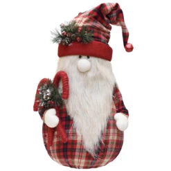 Northlight 28" Red And White Plaid Sitting Santa Gnome With Candy Canes Christmas Tabletop Figurine