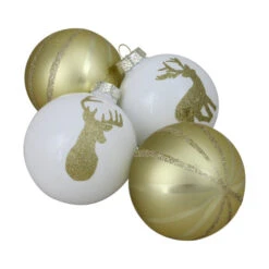Northlight 4ct Champagne Gold And White Deer 2-Finish Christmas Ball Ornaments 4.5" (110mm)