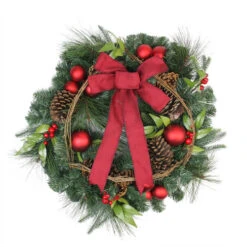 Northlight Red Berries And Ball Ornaments Artificial Christmas Wreath With Ribbon - 24-Inch, Unlit