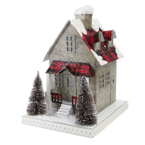 Northlight 10" Brown And Red Battery Operated LED Tartan House Christmas Decor - Image 2