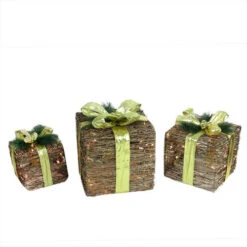 Northlight Set Of 3 Brown And Green Lighted Glitter Gift Boxes Christmas Decoration 12"