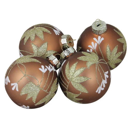 Northlight 4ct Brown And Gold 2-Finish Floral Glass Christmas Ball Ornaments 3.25" (80mm)