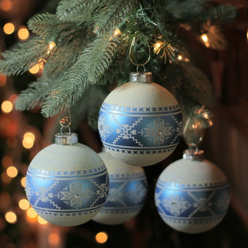Northlight 4ct Blue And White Nordic Fair Isle Glass Ball Christmas Ornaments 4-Inch - Image 2