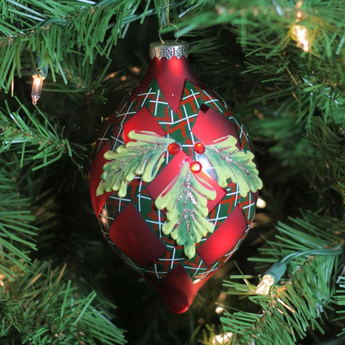 Northlight Red And Green Geometric Plaid Mistletoe Finial Glass Christmas Ornament 4.75" (120mm) - Image 2