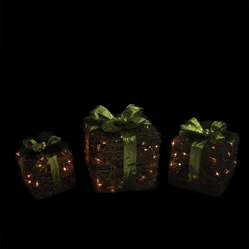 Northlight Set Of 3 Brown And Green Lighted Glitter Gift Boxes Christmas Decoration 12" - Image 3