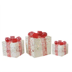 Northlight Set Of 3 Lighted White Swirl Glitter Gift Boxes Christmas Outdoor Decorations 10"