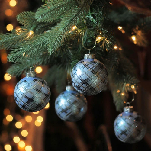 Northlight 4ct Blue And Silver Plaid Glitter Glass Christmas Ornament Ball Set 2.75" (70mm) - Image 2