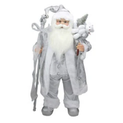 Northlight 24" Silver And White Santa Claus With Staff And Gift Bag Christmas Figure