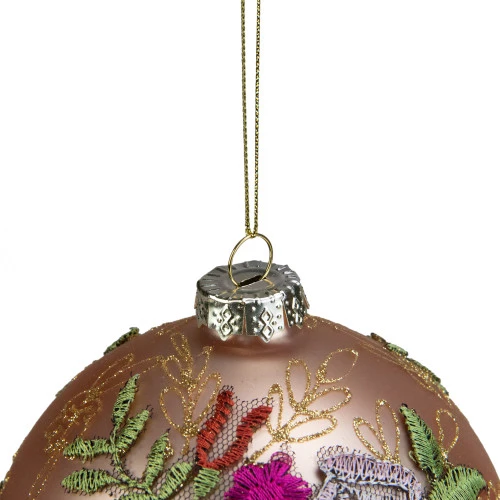 Northlight 4.5" Pink Floral Applique Glass Ball Christmas Ornament - Image 3