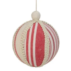 Northlight 6" White And Red Striped Ball Christmas Ornament With Rope Accent