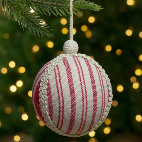 Northlight 4.75" White And Red Striped Ball Christmas Ornament With Rope Accent - Image 2