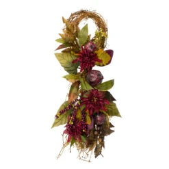 Northlight 28" Autumn Harvest Mums With Pomegranate Autumn Grapevine Teardrop Swag - Unlit