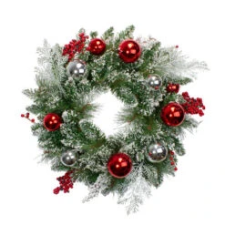 Northlight Flocked Mixed Pine With Ornaments And Berries Artificial Christmas Wreath, 24-Inch, Unlit