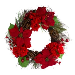 Northlight Red Poinsettia And Hydrangea Flowers With Berries Artificial Christmas Wreath - 24-Inch, Unlit