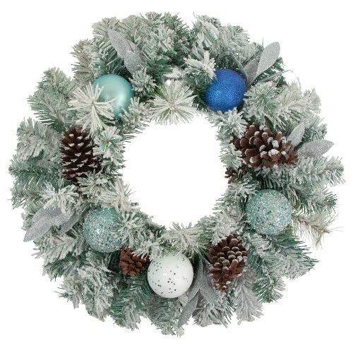 Northlight Flocked Pine With Blue And Silver Ornaments Artificial Christmas Wreath, 24-Inch, Unlit