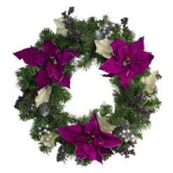 Northlight Purple Poinsettia And Silver Pine Cone Artificial Christmas Wreath - 24-Inch, Unlit