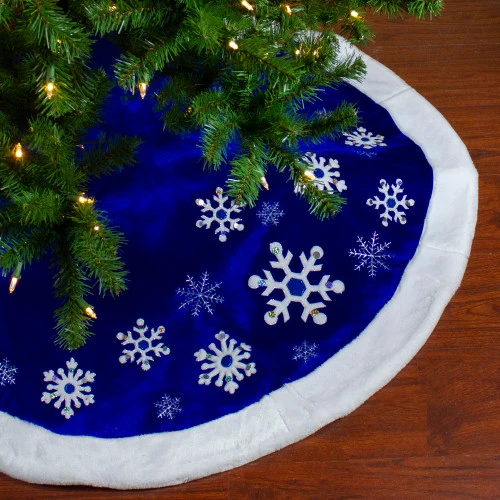 Northlight 48" Blue Velveteen Snowflake Christmas Tree Skirt With Faux Fur Trim - Image 2
