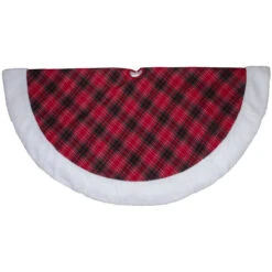 Northlight 60" Red And Green Plaid Christmas Tree Skirt With White High Pile Fleece Trim