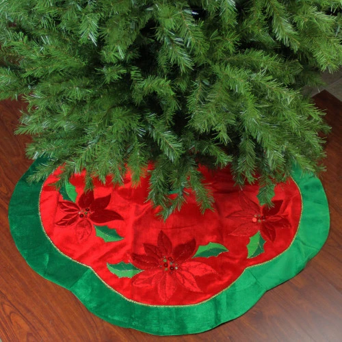 Northlight 48" Red And Green Sequined Poinsettia Christmas Tree Skirt - Image 2