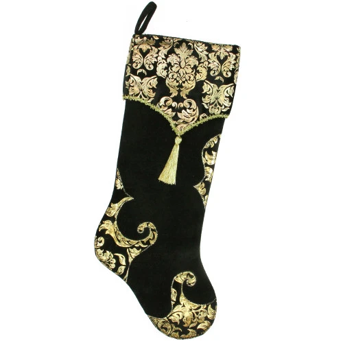 Northlight 21.5" Black And Gold Damask Velveteen Christmas Stocking With Tassel