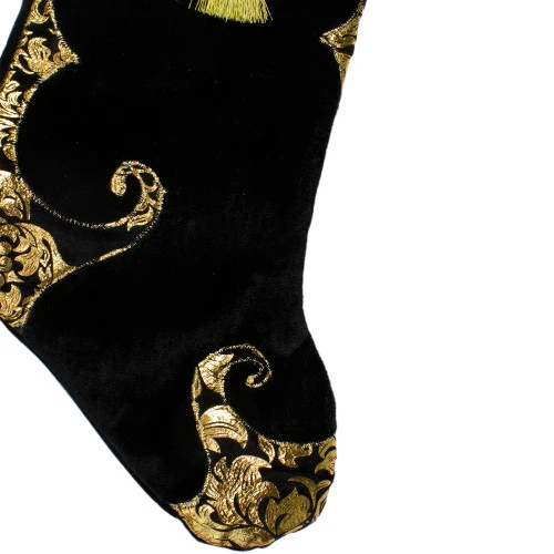 Northlight 21.5" Black And Gold Damask Velveteen Christmas Stocking With Tassel - Image 4