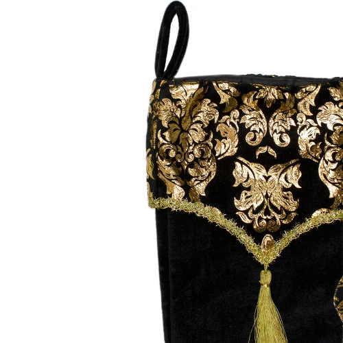 Northlight 21.5" Black And Gold Damask Velveteen Christmas Stocking With Tassel - Image 3
