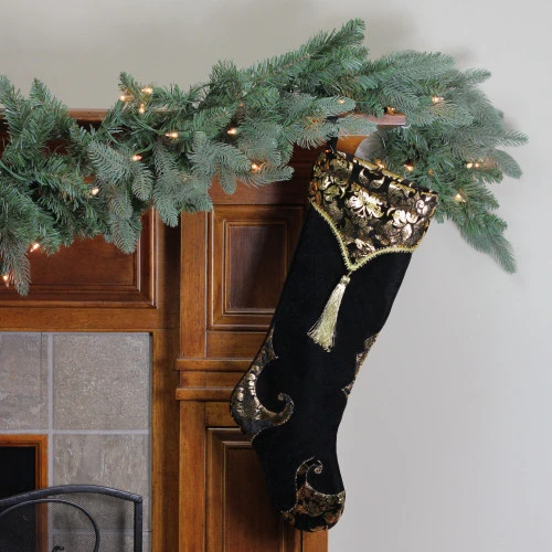 Northlight 21.5" Black And Gold Damask Velveteen Christmas Stocking With Tassel - Image 2