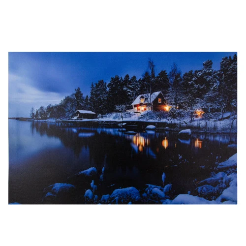 Northlight 23.75" LED Lighted Rustic Lodge Cabin On The Lake Canvas Wall Art