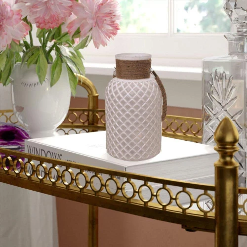 Northlight 10" White And Brown Diamond Texture Glass Pillar Candle Holder Lantern - Image 3