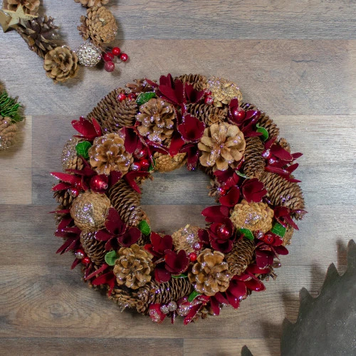Northlight Glittered Red Floral And Pine Cone Artificial Christmas Wreath, 13-Inch, Unlit - Image 2