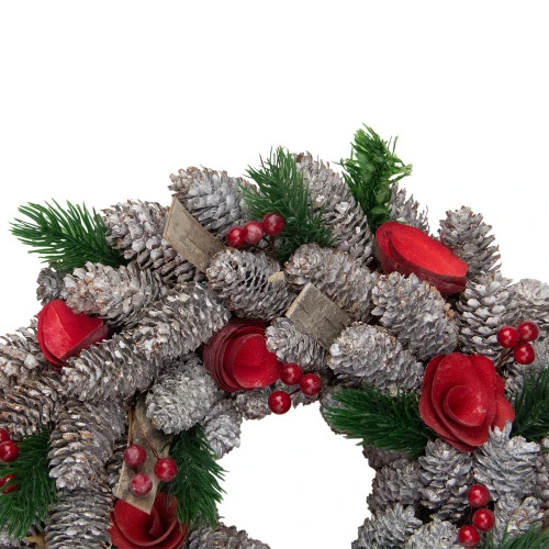 Northlight Pine Cones And Red Wooden Roses Artificial Christmas Wreath, 10-Inch, Unlit - Image 4