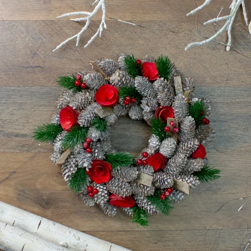 Northlight Pine Cones And Red Wooden Roses Artificial Christmas Wreath, 10-Inch, Unlit - Image 2