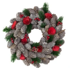 Northlight Pine Cones And Red Wooden Roses Artificial Christmas Wreath, 10-Inch, Unlit