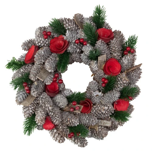 Northlight Pine Cones And Red Wooden Roses Artificial Christmas Wreath, 10-Inch, Unlit