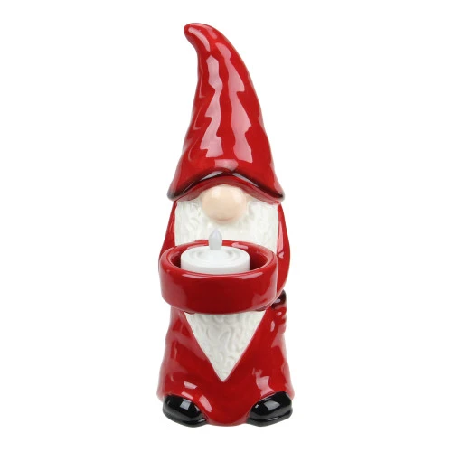 Northlight 8.25" Red And White Ceramic Christmas Gnome Tealight Candle Holder