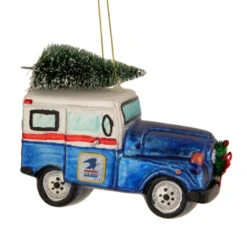 Northlight 5" Blue And White "U.S. Mail" Service Truck With Tree Glass Christmas Ornament