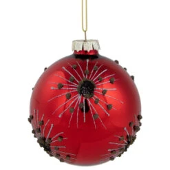 Northlight 3.5" Red And Brown Beaded Bursting Snowflake Glass Christmas Ball Ornament