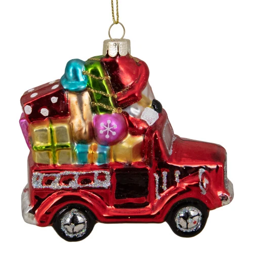 Northlight 4" Red Fire Truck With Santa And Presents Glass Christmas Ornament - Image 4