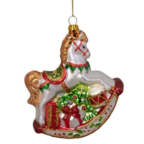 Northlight 5" White And Red Rocking Horse With Gifts Glass Christmas Ornament - Image 4