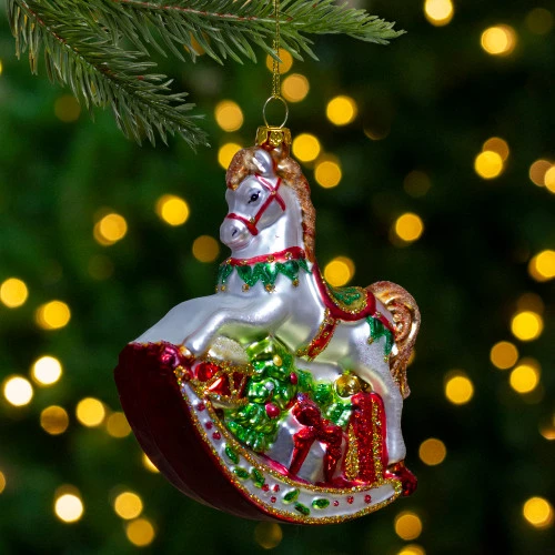 Northlight 5" White And Red Rocking Horse With Gifts Glass Christmas Ornament - Image 2