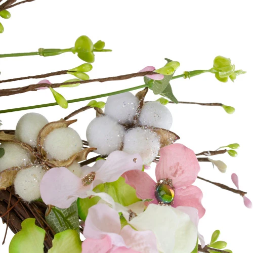 Northlight 18-Inch Pink And Green Hydrangeas With Cotton Artificial Floral Wreath - Image 4