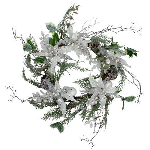 Northlight Iced White Poinsettia Artificial Christmas Wreath - 22 Inch, Unlit