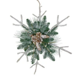 Northlight 24" Green And Winter White Frosted Mixed Pine Twig Snowflake Christmas Ornament
