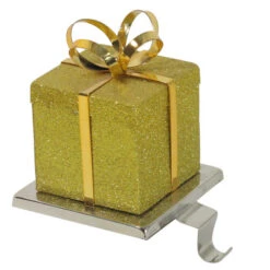 Northlight 5.5" Glitter Gold And Silver Gift Box Metal Christmas Stocking Holder