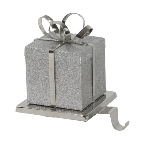 Northlight 5.5" Silver Glitter Gift Box With Bow Christmas Metal Stocking Holder