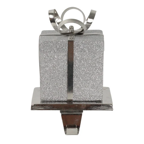 Northlight 5.5" Silver Glitter Gift Box With Bow Christmas Metal Stocking Holder - Image 4