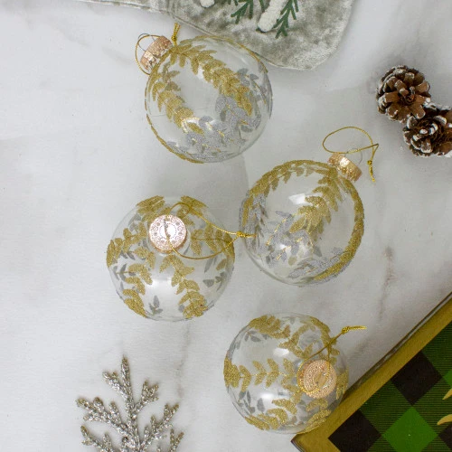 Northlight 4ct Clear And Gold Glitter Leaves Glass Christmas Ball Ornament 3.25" (80mm) - Image 3