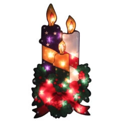 Northlight 17.5" Lighted Holly And Berry With Candles And Bow Christmas Window Silhouette