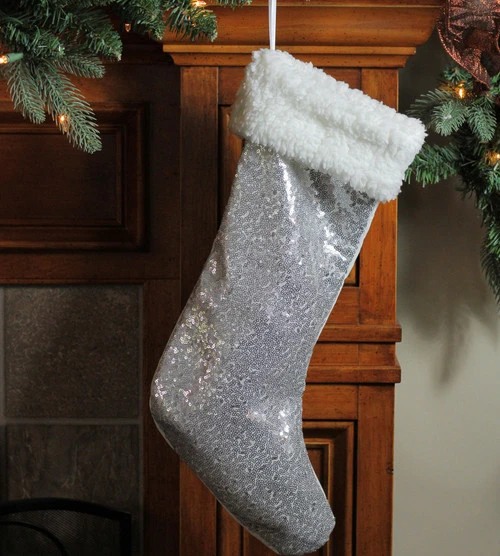 Northlight 18" Silver Sequins With A White Faux Fur Trim Christmas Stocking - Image 2