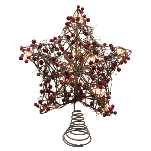 Northlight 13.5" Brown Rattan With Red Berries Star Christmas Tree Topper - Clear Lights